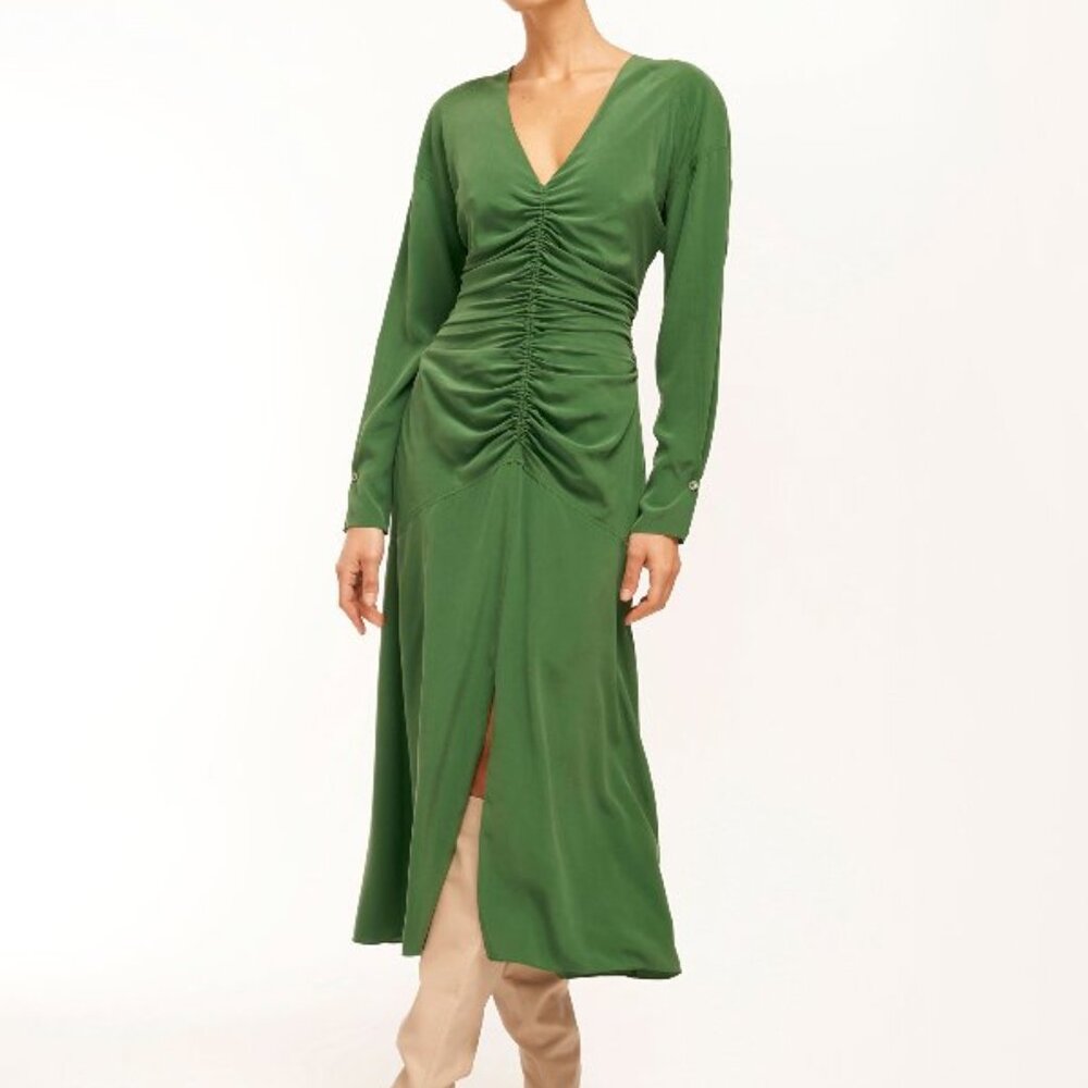 EQUIPMENT FEMME Arya Green Silk Ruched Midi Dress Elegant Old Money Chic